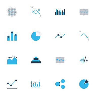 Grafikler, diyagramlar ve istatistik simgeleri kümesi. Kaliteli sembol koleksiyonu. Simgeler web, uygulama ve UI tasarımı için kullanılabilir.