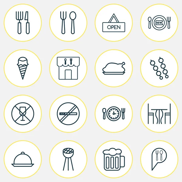 Comer ícones conjunto com talheres, comer casa, reserva e outros elementos de prato. Isolado vetor ilustração comer ícones . — Vetor de Stock