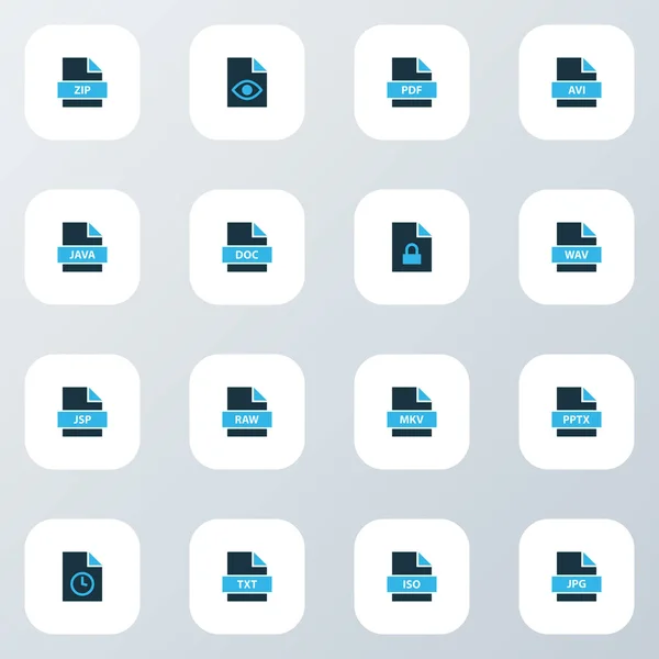 Document icônes colorées ensemble avec fichier caché, fie raw, fichier mkv et autres éléments d'archive. Isolé vectoriel illustration document icônes . — Image vectorielle