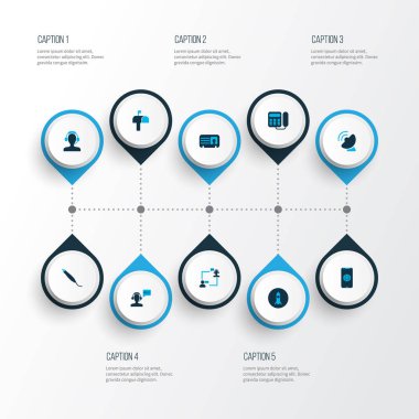 Telekomünikasyon simgeler kümesi açılış telefon, cep telefonu, uydu bağlantı kişisel rozet elemanları ile renkli. İzole illüstrasyon telekomünikasyon simgeler.
