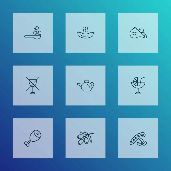 Aterian kuvakkeet linja tyyli asetettu sokeria, oliivi haara, cocktail ja muut viini kielletty elementtejä. Yksittäiset kuva-aterian kuvakkeet . — kuvapankkivalokuva