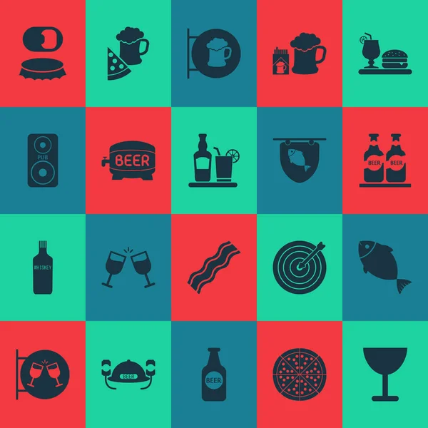 Drink icons set with placard, tequila, bottle opener and other beer elements. Isolated  illustration drink icons.