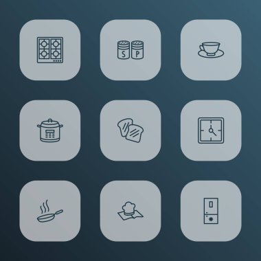 Çizgi stili simgeler yemek tarifi kitabı, saat, çay bardağı ve pişirme diğer öğeleri ile ayarlayın. Simgeler pişirme izole vektör çizim.