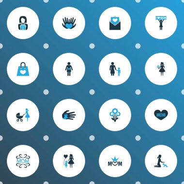 Anneler günü simgesi renkli tasarım konsepti. Kartpostal, tasarlamak ve avuç içi 16 gibi öğeleri kümesi. Anne, kadın ve anne için güzel sembolleri.