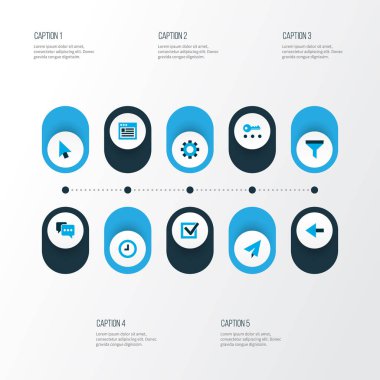 Filtre, imleç, yorum ve diğer origami öğeleri kümesiyle renkli simgeler arabirim. İzole vektör çizim arayüzü simgeler.