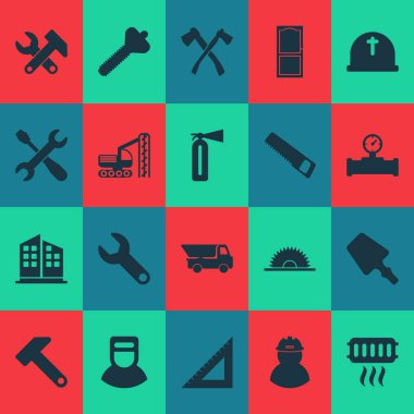 İnşaat simgeler sondaj makinesi, İngiliz anahtarı ve diğer araç öğeleri yüksek binalar ile ayarlayın. İzole vektör illüstrasyon inşaat simgeler.