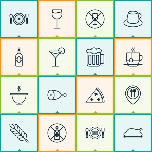Manger des icônes ensemble sans boire, alcool, cuisse de poulet et autres éléments de restauration frais. Illustration vectorielle isolée mangeant des icônes . — Image vectorielle