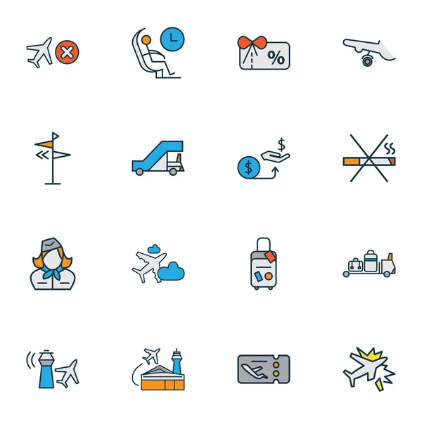 Iconos del aeropuerto de color conjunto de línea sin fumar, pasarela, avión en la nube y otros elementos de tarjetas de regalo. Iconos de aeropuerto de ilustración vectorial aislado . — Archivo Imágenes Vectoriales