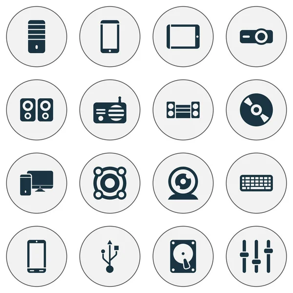 Electronics icons set with keyboard, smartphone, PC and other processor elements. Isolated vector illustration electronics icons. — Stockvector