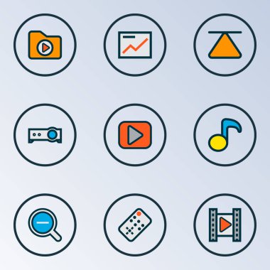 Multimedya simgeler renkli çizgi sinema, projektör, dosya ve diğer denetleyicisi ile öğeleri ayarlayın. İzole illüstrasyon multimedya simgeler.