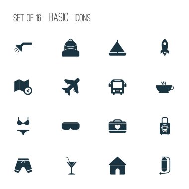 Roket, oksijen silindir, sırt çantası ve diğer banyo öğeleri ile yolculuk Icons set. İzole illüstrasyon yolculuk simgeler.