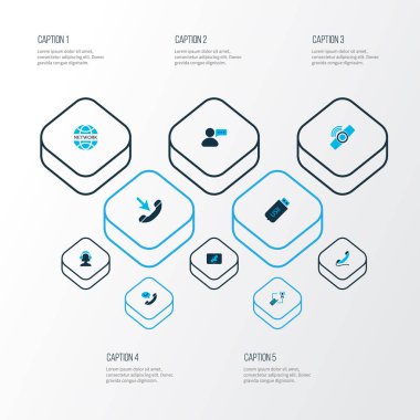 Telekomünikasyon simge seti cep telefonu, ağ iletişimleri, usb telefonla satış elemanları ile renkli. İzole illüstrasyon telekomünikasyon simgeler.