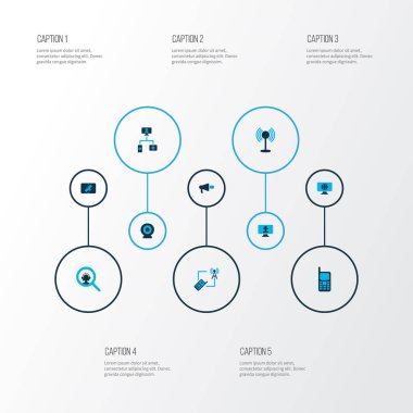 Telekomünikasyon simgeler arama operatörü, dünya çapında, renkli kümesiyle kule telefon ve diğer webcam öğeleri ile. İzole illüstrasyon telekomünikasyon simgeler.