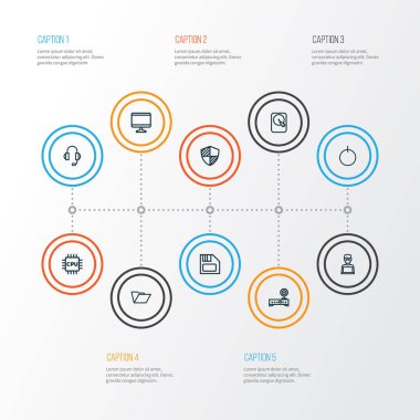 Bilgisayar simgeleri stil yönlendirici, winchester, mikro işlemci ve diğer kulaklıklar öğeleri kümesi satır. İzole illüstrasyon bilgisayar simgeler.