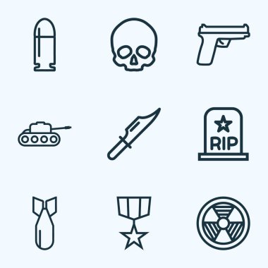Savaş simgeleri silah, mezar, tank ve diğer kafatası elemanları ile belirlenen çizgi tarzı. İzole illüstrasyon savaş simgeleri.