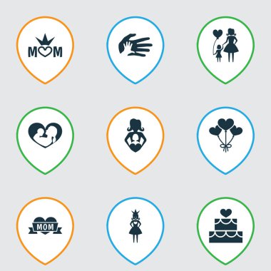 Anneler günü simgesi tasarım konsepti. Bebek, balon ve Bayan 9 gibi öğeleri kümesi. Kalp, anne ve bebek için güzel sembolleri.