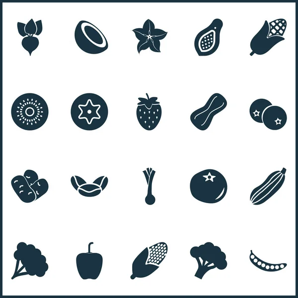 Ícones de frutas conjunto com frutas de palma, raiz, kiwis e outros elementos de pimenta búlgara. Ícones de frutas ilustração isolados . — Fotografia de Stock