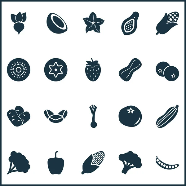 Iconos de fruta engastados con fruta de palma, raíz, kiwis y otros elementos de pimienta bulgara. Iconos de fruta de ilustración aislada . — Foto de Stock