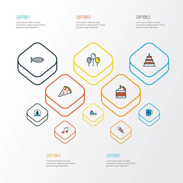 휴일 아이콘 피자 슬라이스, 페타드, 머그잔 및 기타 해산물 요소세트 라인 을 색칠. 격리된 일러스트레이션 휴일 아이콘. — 스톡 사진