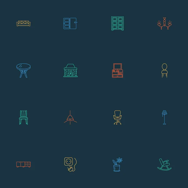 Decor icons line style set with flower pot, shelving unit, ceiling lamp and other chandelier elements. Isolated  illustration decor icons. — 图库照片