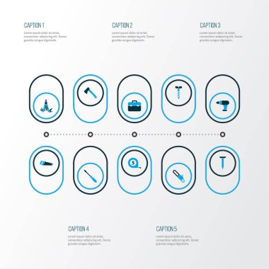 Repair icons colored set with bolt, hatchet, multi tool and other saw elements. Isolated vector illustration repair icons.