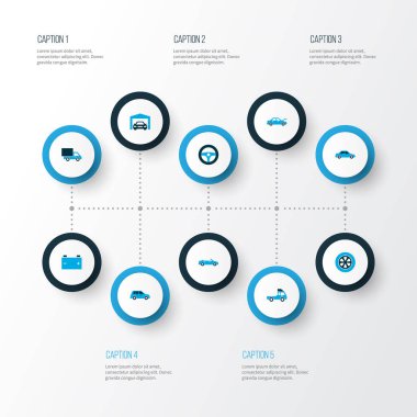 Otomatik simgeler kümesi ile van, Cabrio modeli, otomotiv ve diğer otomatik hood öğeleri renkli. İzole vektör çizim otomatik simgeler.