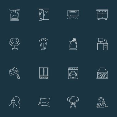 İç simge stil yastık, modern koltuk, mutfak ölçekler ve diğer çamaşırhanede öğeleri kümesi satır. İzole vektör illüstrasyon iç simgeler.