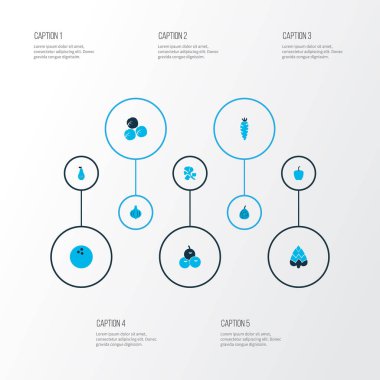 Meyve simgeler kümesi dolmalık biber, incir, zeytin ve diğer kök sebze öğeleri ile renkli. İzole vektör çizim meyve simgeler.