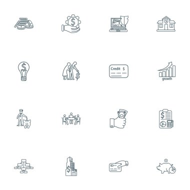 Finans Bank'ı ayarla simgeler çizgi stili, yığılmış paralar, büyük iş ve diğer lisans öğeleri. İzole vektör çizim finans simgeler.