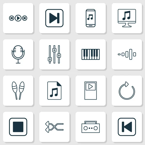 Icone audio impostate con dispositivo musicale, shuffle, stop music e altri elementi microfonici. Isolate icone audio vettoriali illustrazione . — Vettoriale Stock