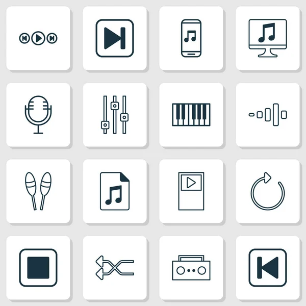 Conjunto de iconos de audio con dispositivo musical, mezclar, detener la música y otros elementos de micrófono. Iconos de audio de ilustración vectorial aislado . — Archivo Imágenes Vectoriales