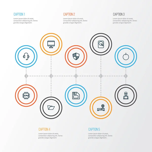 Számítógép ikonok vonaltípus beállítása, router, winchester, mikroprocesszor és más fülhallgató elemek. Elszigetelt vektoros illusztráció számítógép ikonok. — Stock Vector