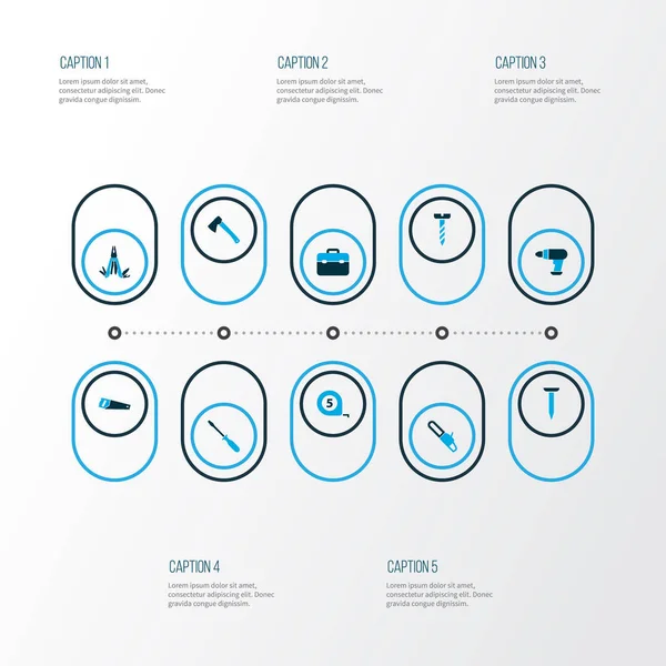 Repair icons colored set with bolt, hatchet, multi tool and other saw elements. Isolated vector illustration repair icons.