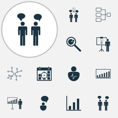 Yönetim simgeleri ile iletişim, Proje istatistikleri, iş gösteri ve diğer proje hedefleri öğelerini ayarlayın. İzole vektör çizim yönetim simgeleri.