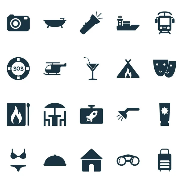 Conjunto de iconos turísticos con maleta, tren eléctrico, cóctel y otros elementos de caja de fósforos. Iconos del turismo ilustración aislada . —  Fotos de Stock