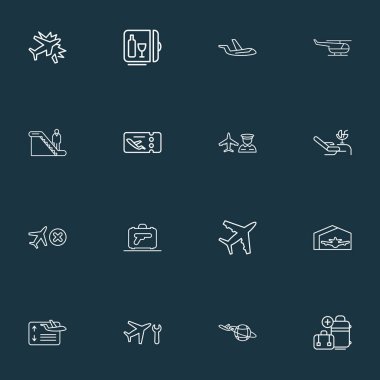 Simgeler çizgi stili seyahat adam ile yürüyen merdiven, salonu, uçak ve diğer havacılık unsurları dünya çapında açık olarak ayarlayın. Simgeler seyahat izole vektör çizim.