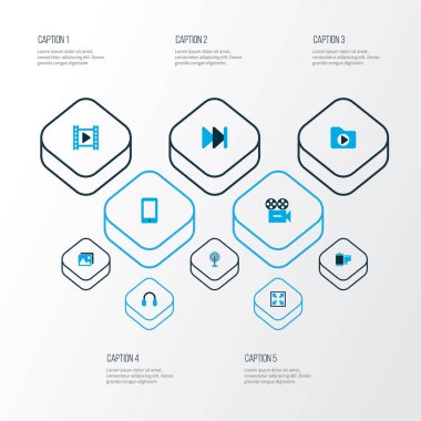 Medya Icons set smartphone, resim, sinema ve diğer medya klasör öğeleri ile renkli. İzole vektör çizim medya simgeler.