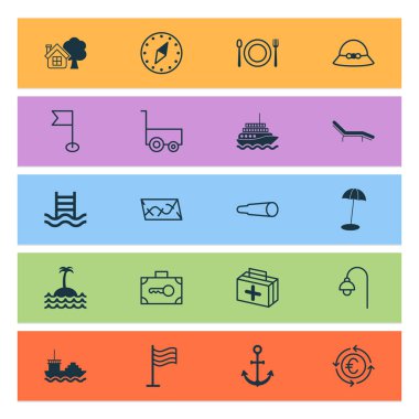 Turizm simgeleri ile ayarla vagon, bayrak, plaj şemsiyesi ve diğer Büyüteç gözlük öğeleri taşımak. İzole vektör çizim Turizm simgeler.