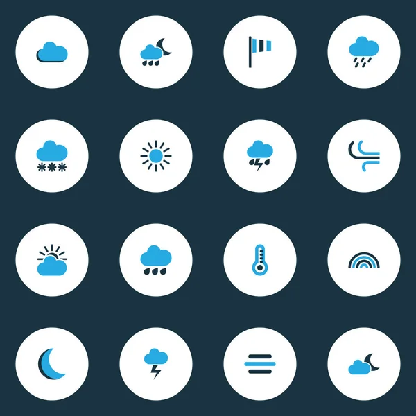 Icone meteo colorate con tempestoso, gocciolamento, tempesta di pioggia e altri elementi di nevicata. Isolato vettoriale illustrazione icone meteo . — Vettoriale Stock