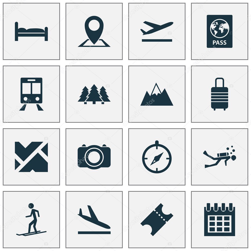 Traveling icons set with calendar, mountains, bed and other doss elements. Isolated vector illustration traveling icons.