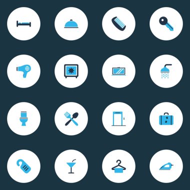 Turizm simgeler kümesi yemek, yemek, askı ve diğer kapı askı elemanları renkte. İzole illüstrasyon Turizm simgeler.