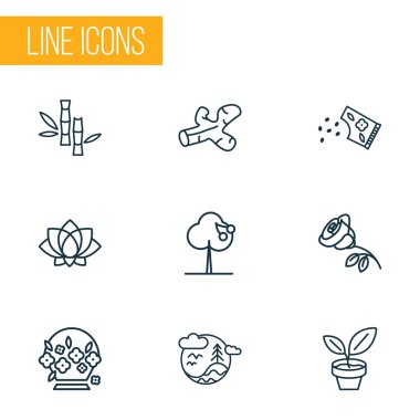 Ekoloji simgeler stil bambu, biyosfer, çiçek sepeti ve diğer saksının öğeleri kümesi satır. İzole illüstrasyon ekoloji simgeler.