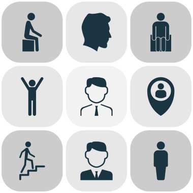İnsan seviniyor, konum ve diğer erkek öğeleri ile insan Icons set. İzole illüstrasyon insan simgeleri.