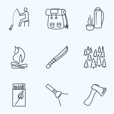 Camping icons line style set with flash light, thermos, bonfire and other sharp elements. Isolated  illustration camping icons.