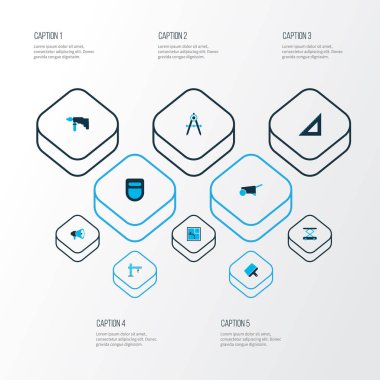 Sanayi simgeler kümesi Bina sepeti, çizim, matkap ve diğer megafon öğeleri ile renkli. İzole illüstrasyon sanayi simgeleri.