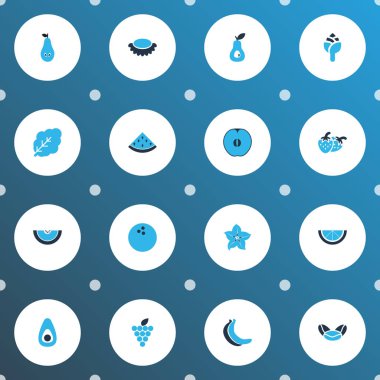 Sebze simgeler kümesi palmiye meyve, kavun, barbunya fasulyesi ve diğer tazelik öğeleri ile renkli. İzole vektör çizim sebze simgeler.