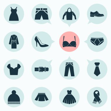 Elbise Icons set ile kemer, şort, etek ve pantolon diğer öğeleri ile. İzole vektör çizim elbise simgeler.