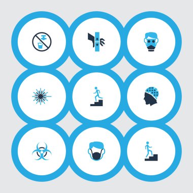 Emanet simgeler adım aşağı, solunum, Sigara İçme suyu ve diğer bir merdiven öğeleri kümesiyle renkte. İzole vektör çizim Emanet simgeler.