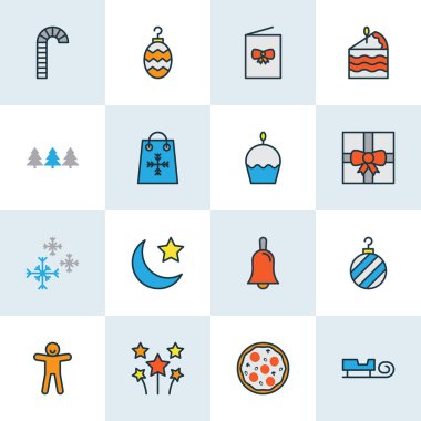 Tatil simgeler renkli çizgi kek, Noel ağacı oyuncak, biblo ve diğer kızak ile öğeleri ayarlayın. İzole vektör çizim tatil simgeler.