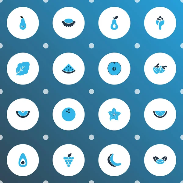 Sebze simgeler kümesi palmiye meyve, kavun, barbunya fasulyesi ve diğer tazelik öğeleri ile renkli. İzole vektör çizim sebze simgeler.